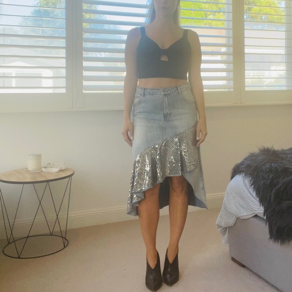 Sass & Bide denim sequin hi low skirt size 42 (12) - Picture 3 of 10